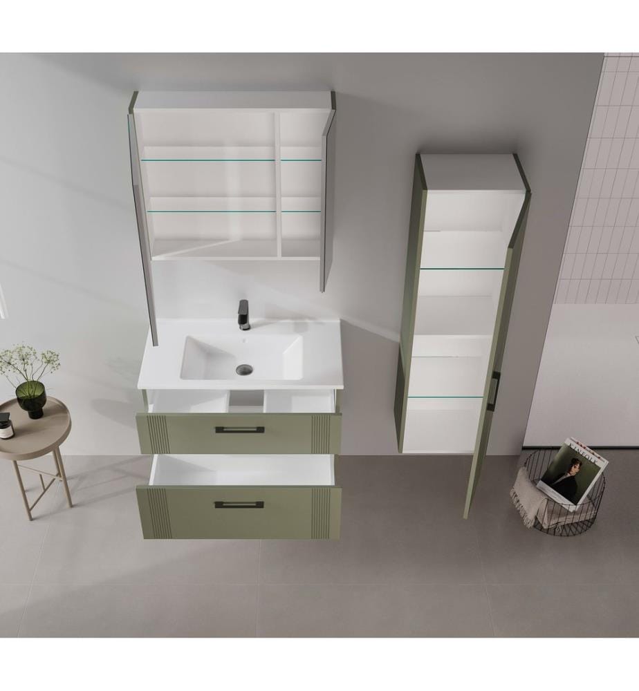 Meuble de salle de bain avec lavabo vert mat MDF 100 % revêtu de thermomoulage