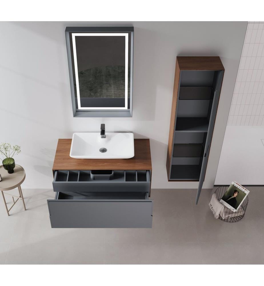 Badezimmerschrank mit Waschbecken Walnuss Anthrazit 100 % Kompaktlaminat