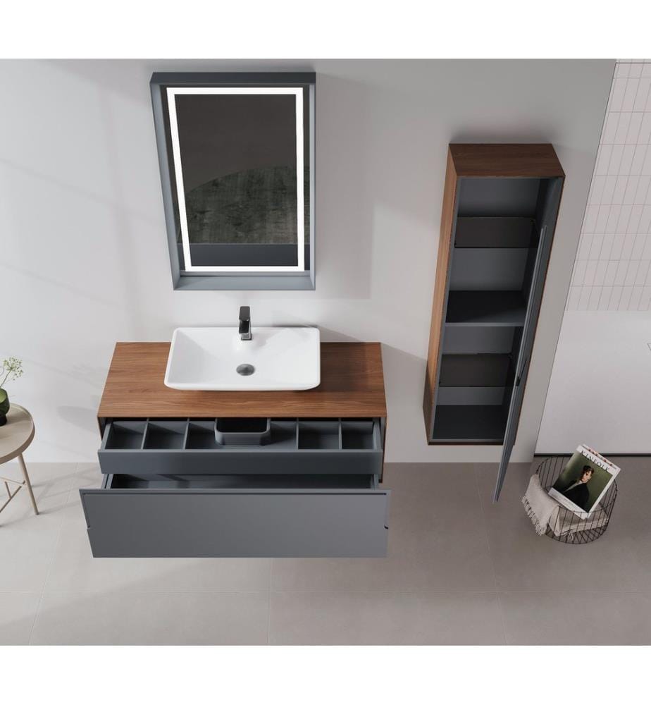 Meuble de salle de bain avec lavabo noyer anthracite 100 % stratifié compact