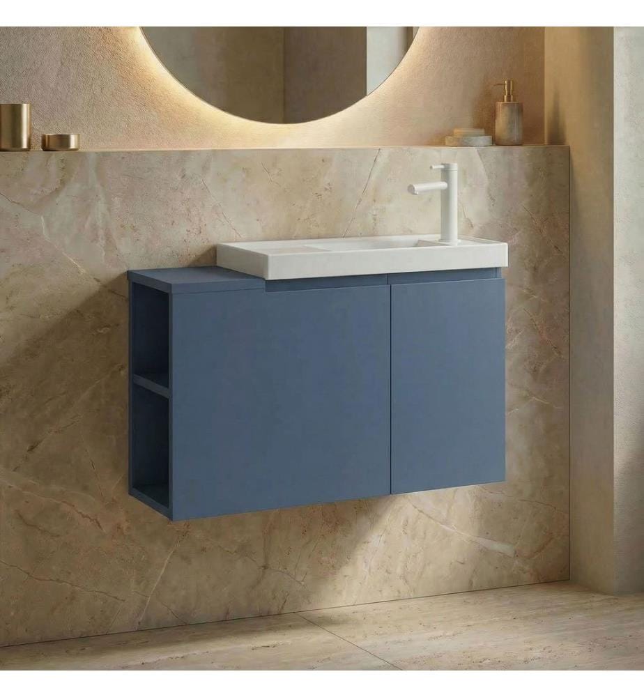 Badezimmerschrank mit Waschbecken Petrolblau 100 % matte PET-MDF-Platte