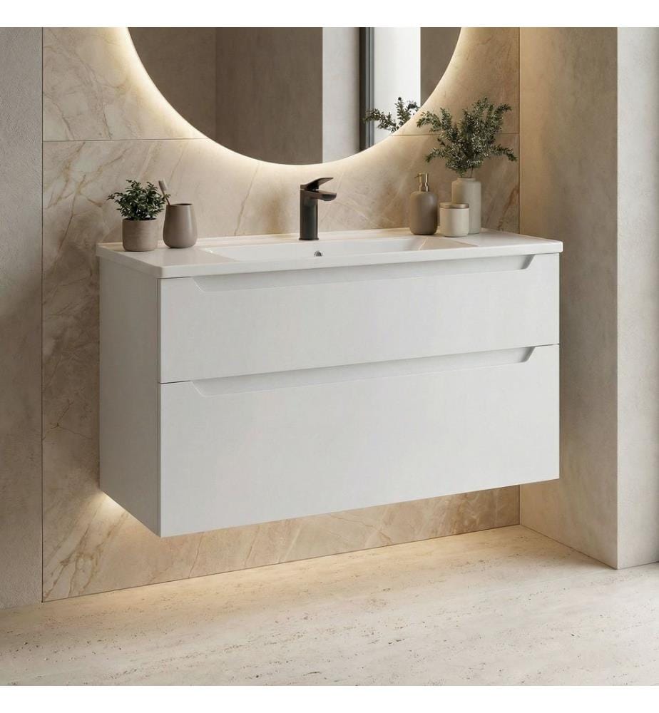 Badezimmerschrank mit Waschbecken mattweiss 100 % thermisch beschichtetes MDF
