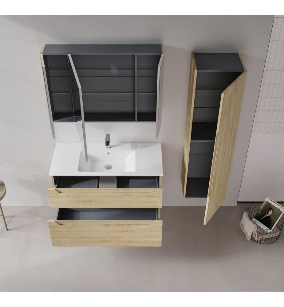 Badezimmerschrank mit Waschbecken Eiche 100 % thermisch beschichtetes MDF