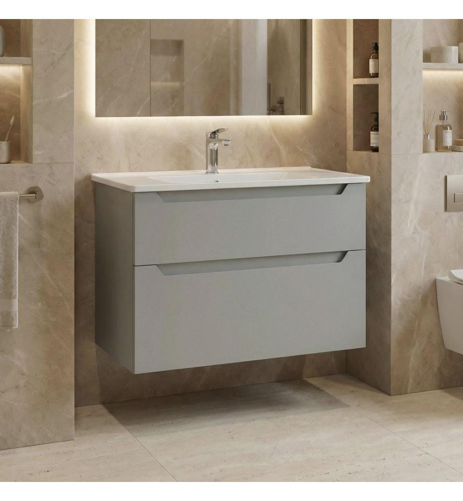 Badezimmerschrank mit Waschbecken mattes Kaschmir 100 % thermisch beschichtetes MDF