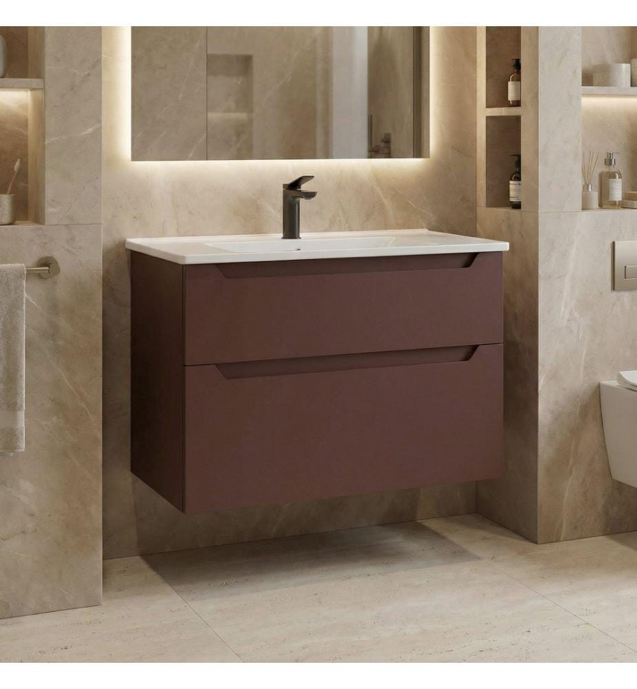 Meuble de salle de bain avec lavabo rouge mat MDF 100 % revêtu de thermomoulage
