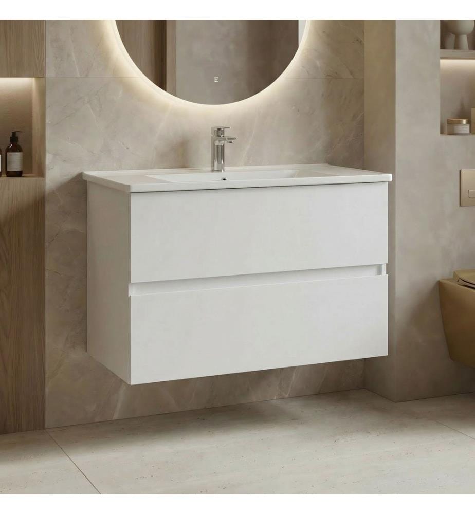 Meuble de salle de bain avec lavabo blanc mat 100 % MDF laqué mat