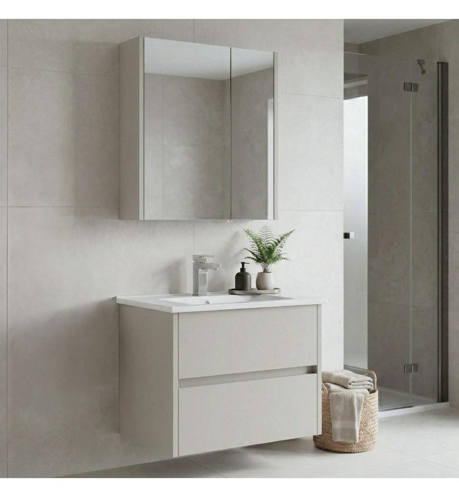 Ensemble meuble de salle de bain avec lavabo et miroir 2 pièces cachemire MDF PET 100 % brillant