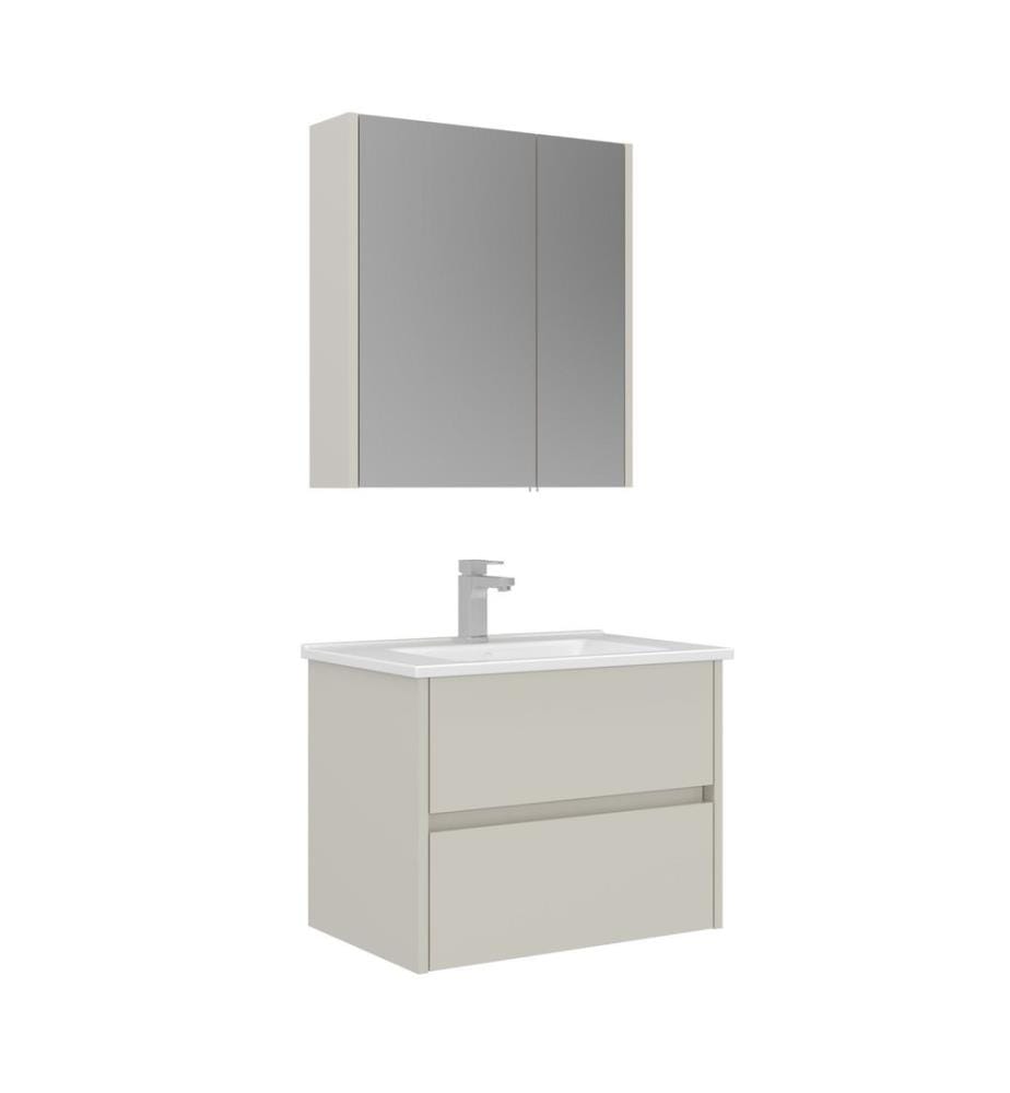 Ensemble meuble de salle de bain avec lavabo et miroir 2 pièces cachemire MDF PET 100 % brillant