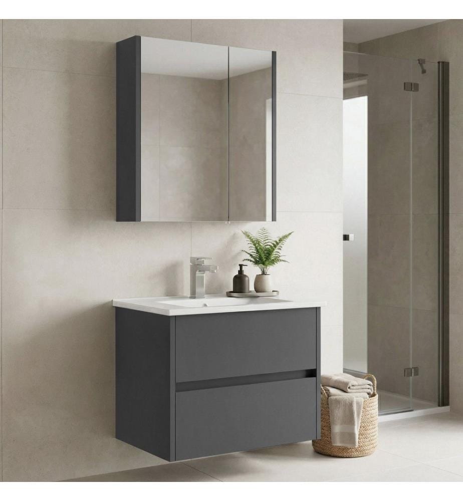 Ensemble meuble de salle de bain avec lavabo et miroir 2 pièces gris MDF PET 100 % brillant