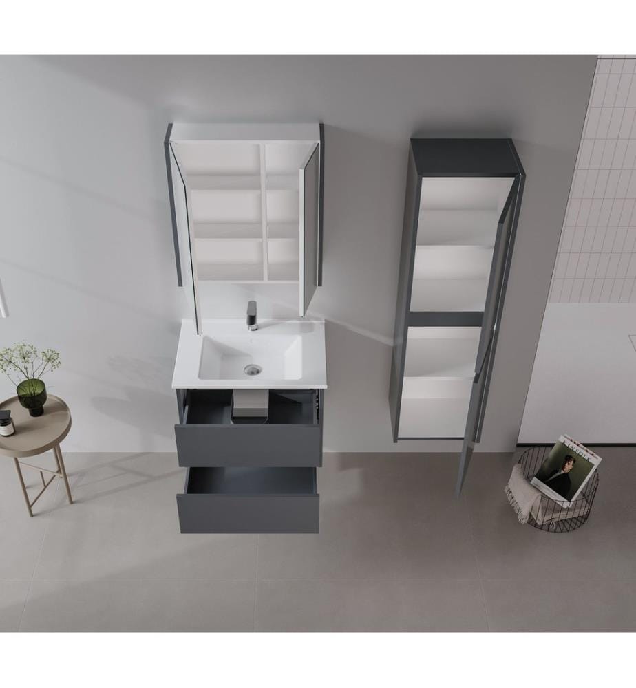 Ensemble meuble de salle de bain avec lavabo et miroir 2 pièces gris MDF PET 100 % brillant