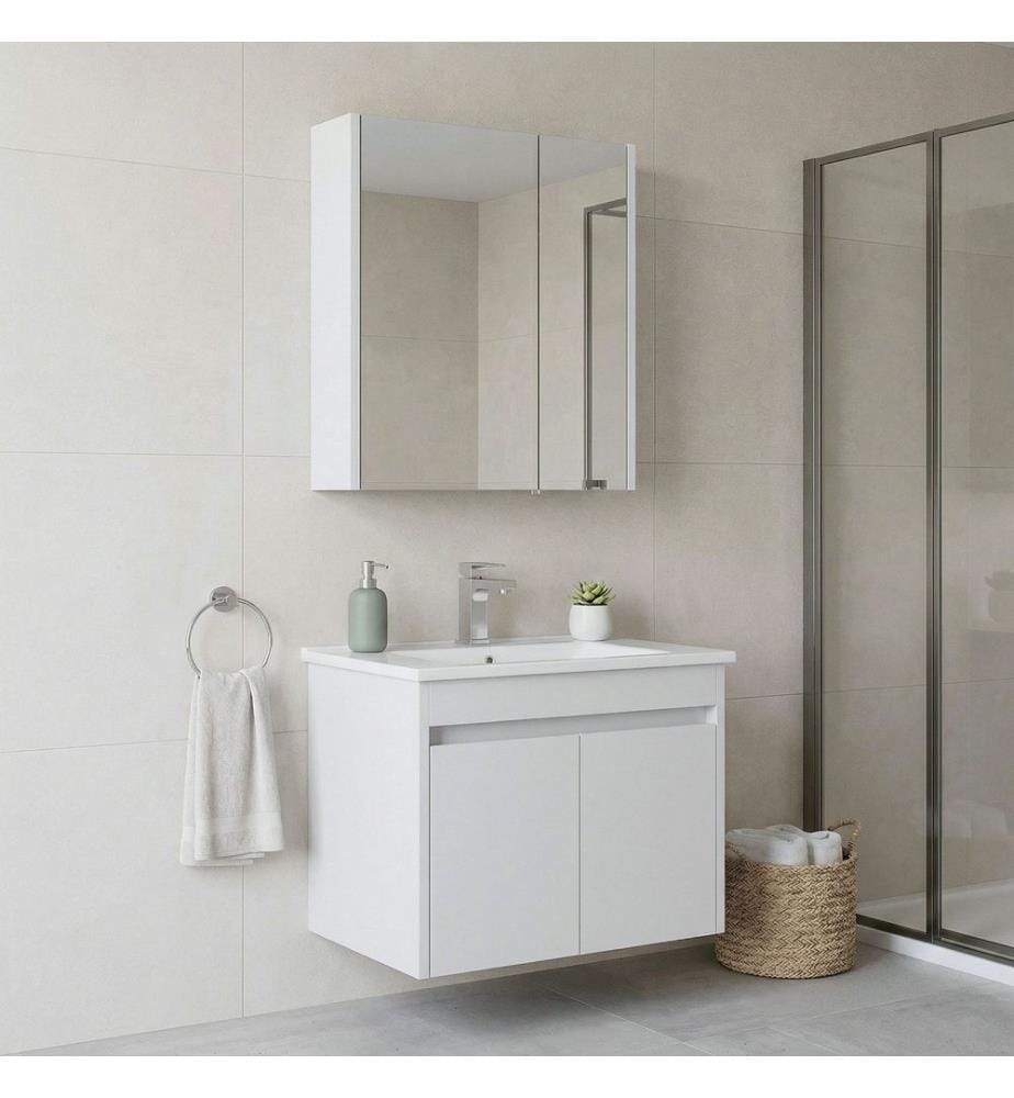 Ensemble meuble de salle de bain avec lavabo et miroir 2 pièces blanc MDF PET 100 % brillant