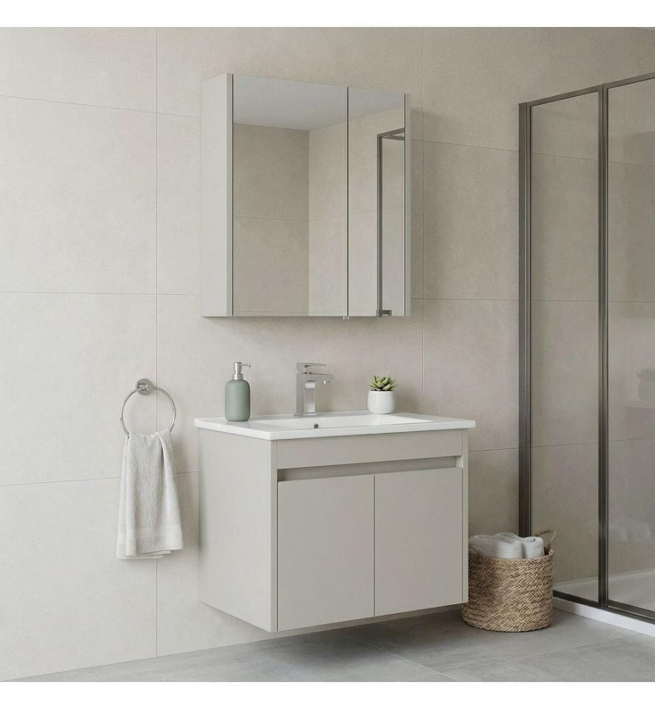 Ensemble meuble de salle de bain avec lavabo et miroir 2 pièces cachemire MDF PET 100 % brillant