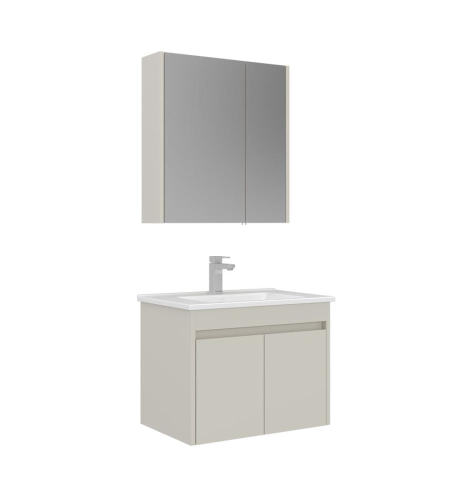 Ensemble meuble de salle de bain avec lavabo et miroir 2 pièces cachemire MDF PET 100 % brillant