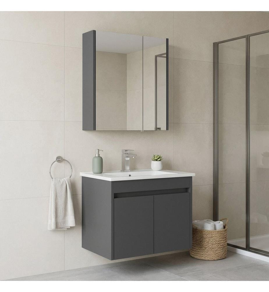 Ensemble meuble de salle de bain avec lavabo et miroir 2 pièces gris MDF PET 100 % brillant