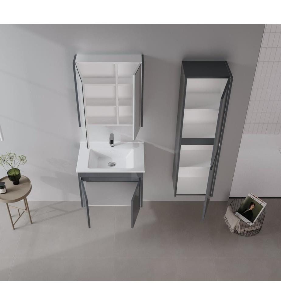 Ensemble meuble de salle de bain avec lavabo et miroir 2 pièces gris MDF PET 100 % brillant