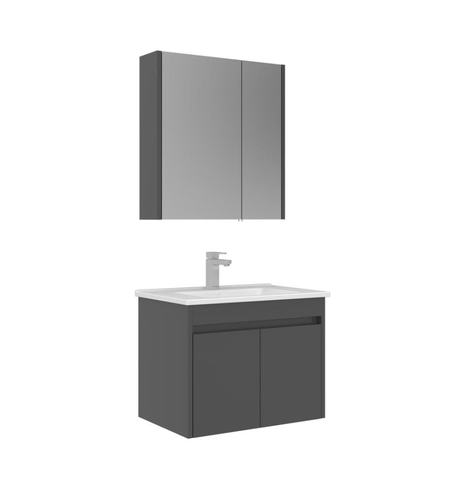 Ensemble meuble de salle de bain avec lavabo et miroir 2 pièces gris MDF PET 100 % brillant