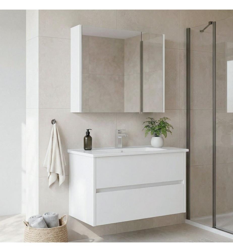 Ensemble meuble de salle de bain avec lavabo et miroir 2 pièces blanc MDF PET 100 % brillant