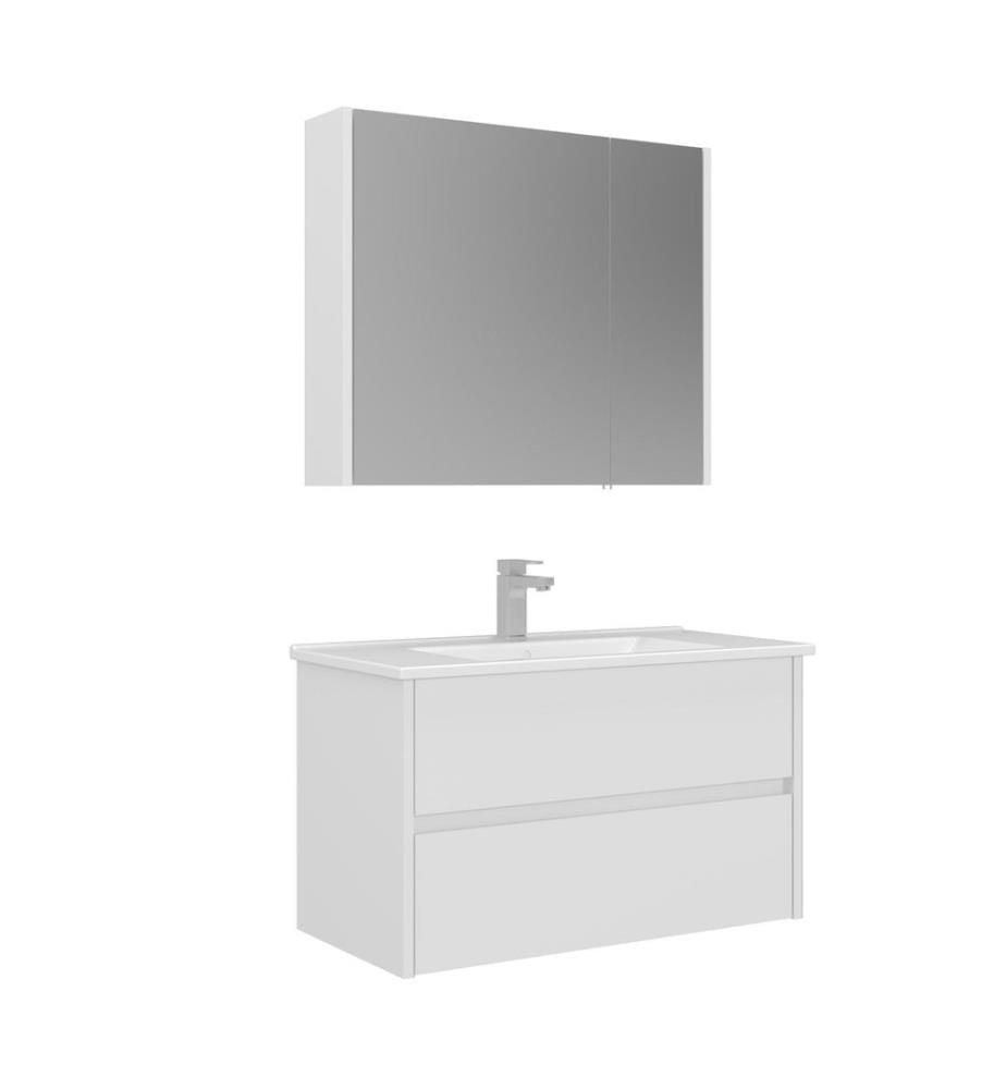 Ensemble meuble de salle de bain avec lavabo et miroir 2 pièces blanc MDF PET 100 % brillant