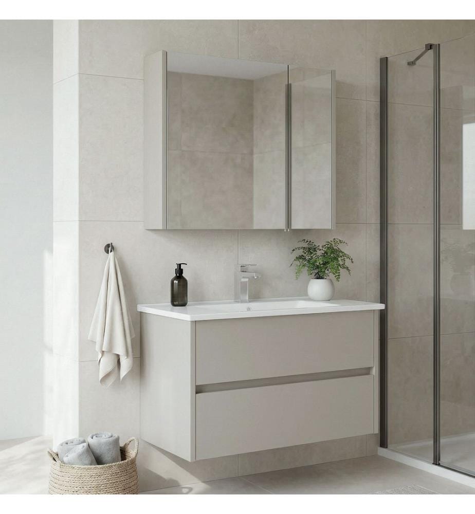 Ensemble meuble de salle de bain avec lavabo et miroir 2 pièces cachemire MDF PET 100 % brillant