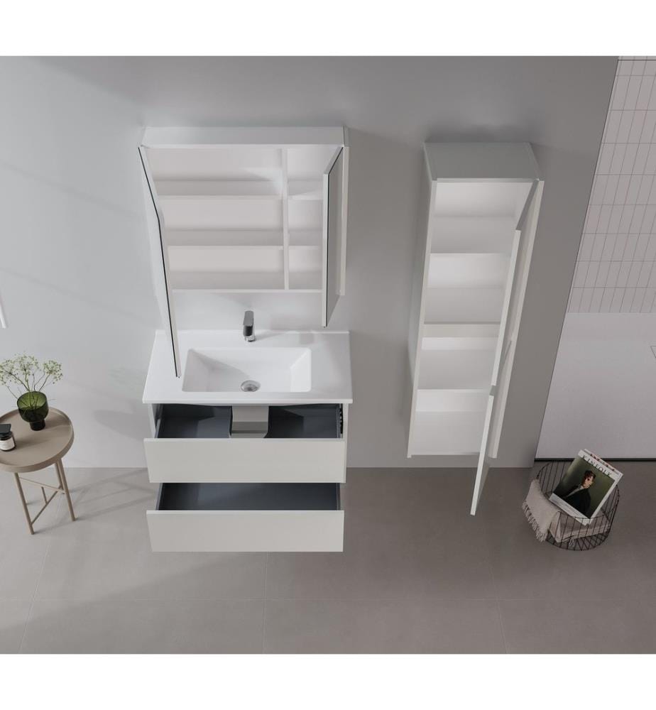 Ensemble meuble de salle de bain avec lavabo et miroir 2 pièces cachemire MDF PET 100 % brillant