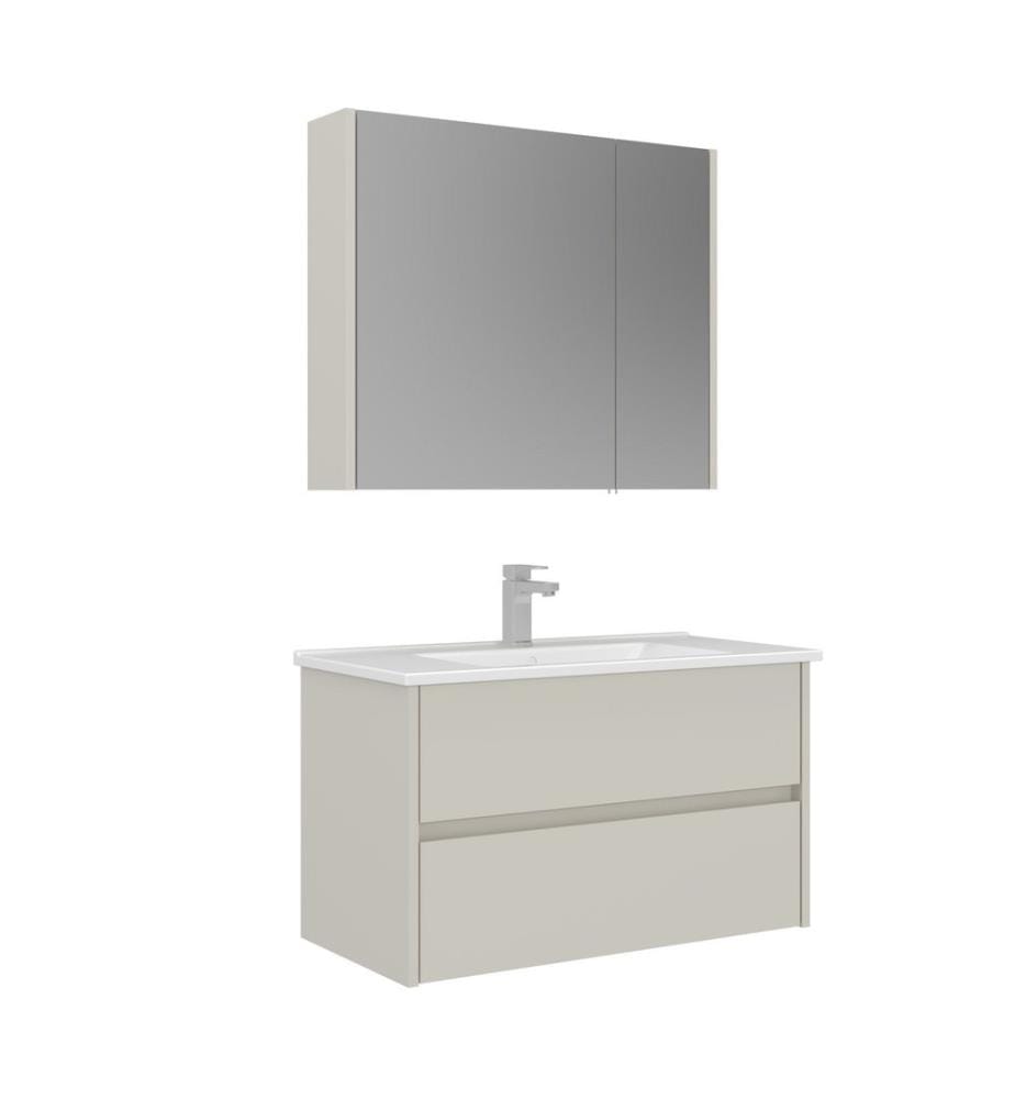 Ensemble meuble de salle de bain avec lavabo et miroir 2 pièces cachemire MDF PET 100 % brillant