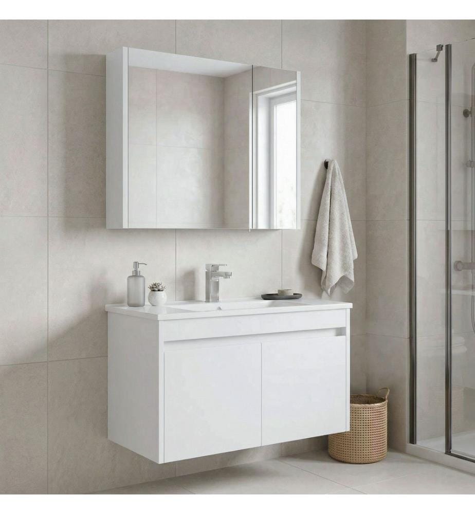 Badezimmerschrank mit Waschbecken und Spiegel 2-teilig Weiss 100 % glänzendes PET-MDF