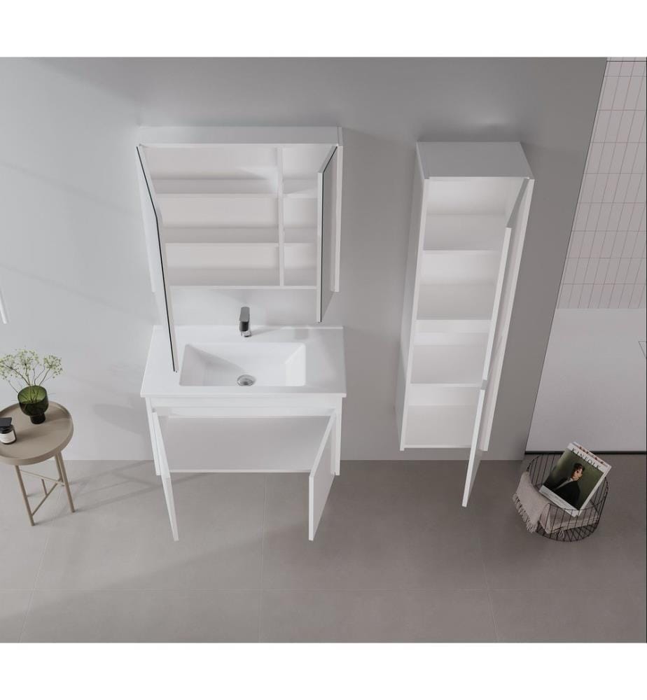 Badezimmerschrank mit Waschbecken und Spiegel 2-teilig Weiss 100 % glänzendes PET-MDF