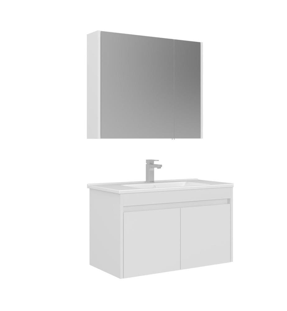 Badezimmerschrank mit Waschbecken und Spiegel 2-teilig Weiss 100 % glänzendes PET-MDF