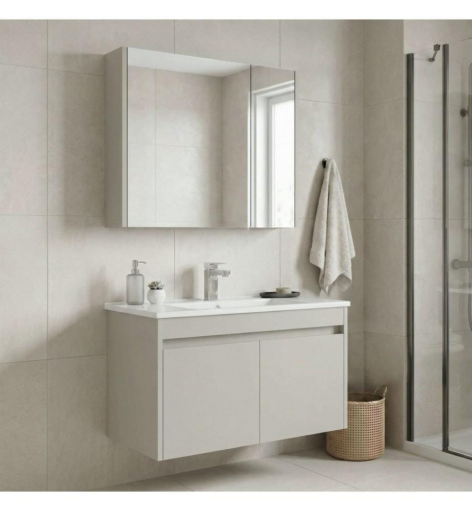 Ensemble meuble de salle de bain avec lavabo et miroir 2 pièces cachemire MDF PET 100 % brillant