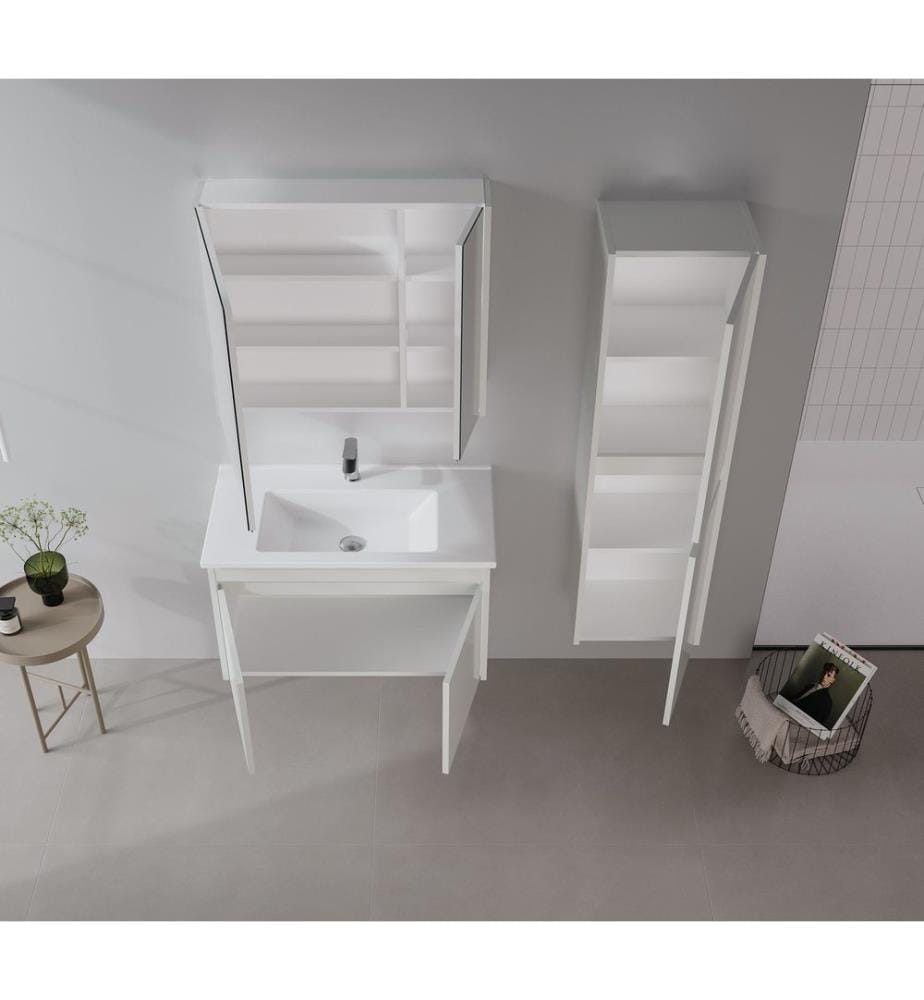 Ensemble meuble de salle de bain avec lavabo et miroir 2 pièces cachemire MDF PET 100 % brillant