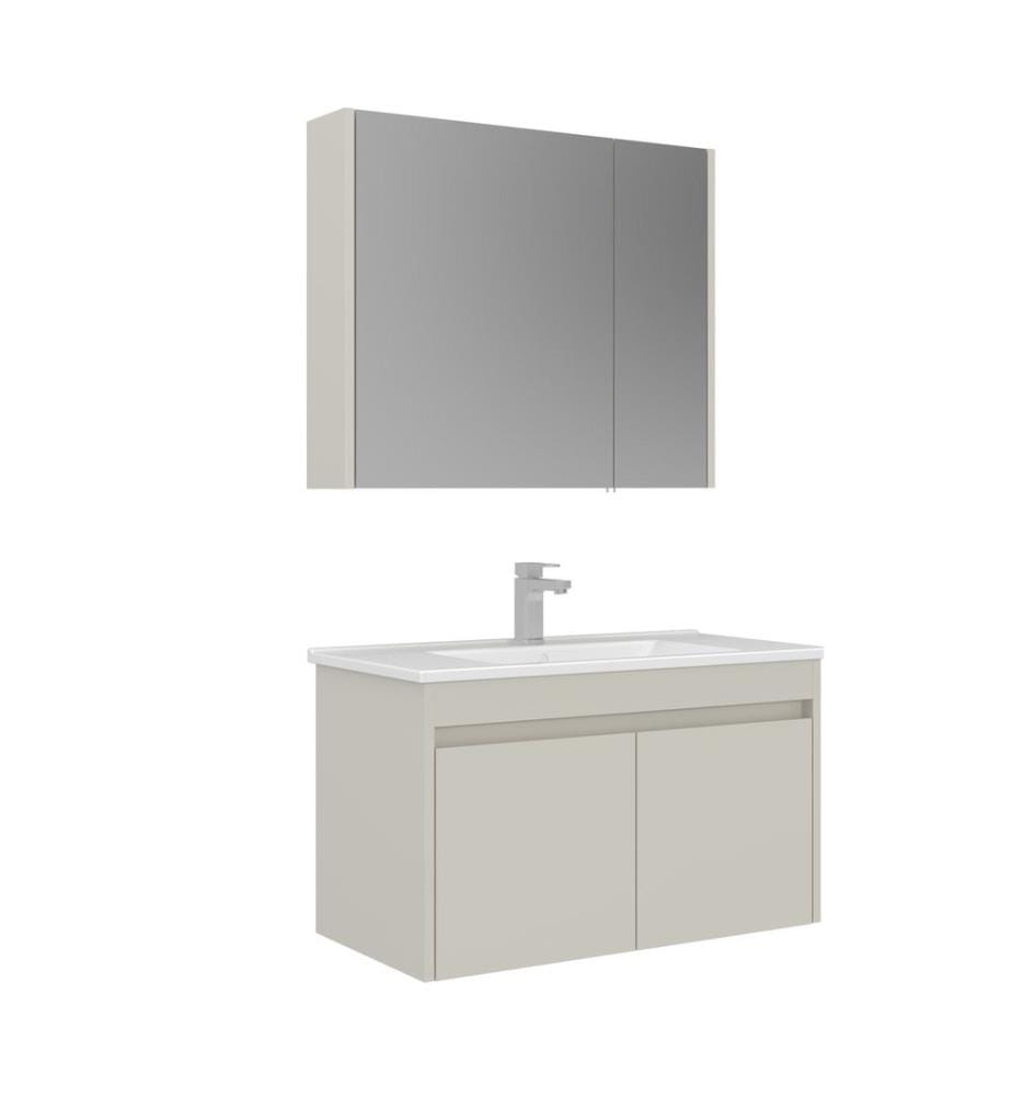 Ensemble meuble de salle de bain avec lavabo et miroir 2 pièces cachemire MDF PET 100 % brillant