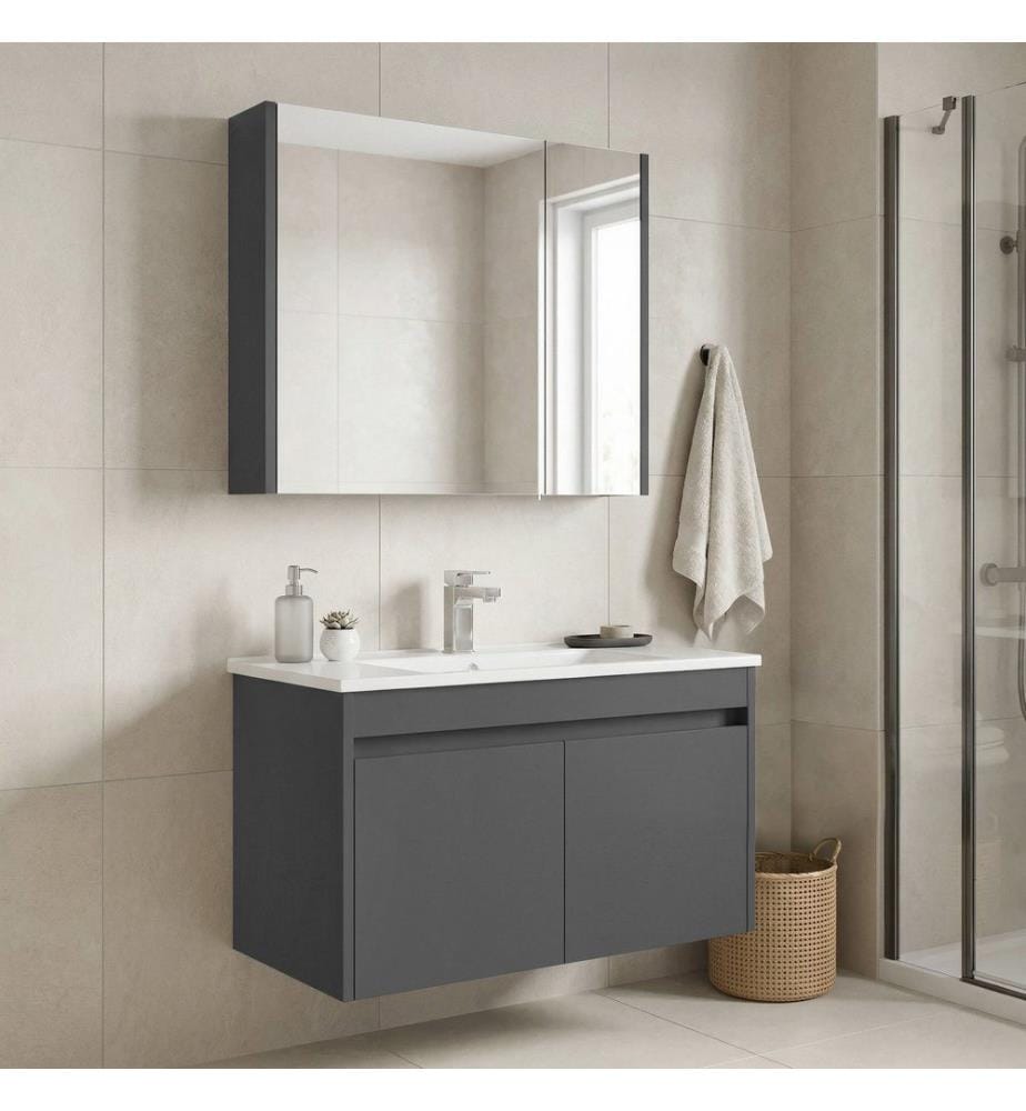 Ensemble meuble de salle de bain avec lavabo et miroir 2 pièces gris MDF PET 100 % brillant
