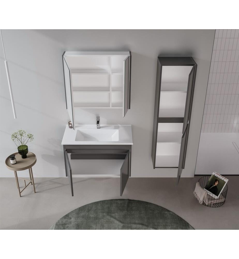 Ensemble meuble de salle de bain avec lavabo et miroir 2 pièces gris MDF PET 100 % brillant