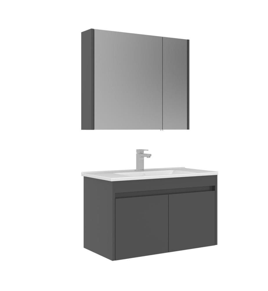 Ensemble meuble de salle de bain avec lavabo et miroir 2 pièces gris MDF PET 100 % brillant