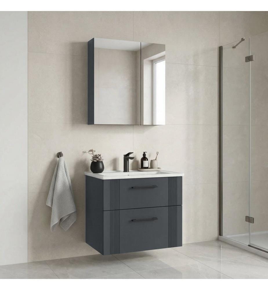 Badezimmerschrank mit Waschbecken und Spiegel 2-teilig mattes Anthrazit 100 % thermisch beschichtetes MDF