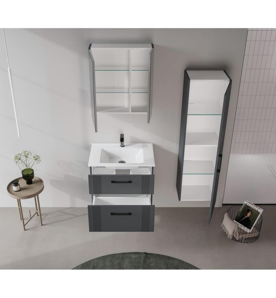 Badezimmerschrank mit Waschbecken und Spiegel 2-teilig mattes Anthrazit 100 % thermisch beschichtetes MDF