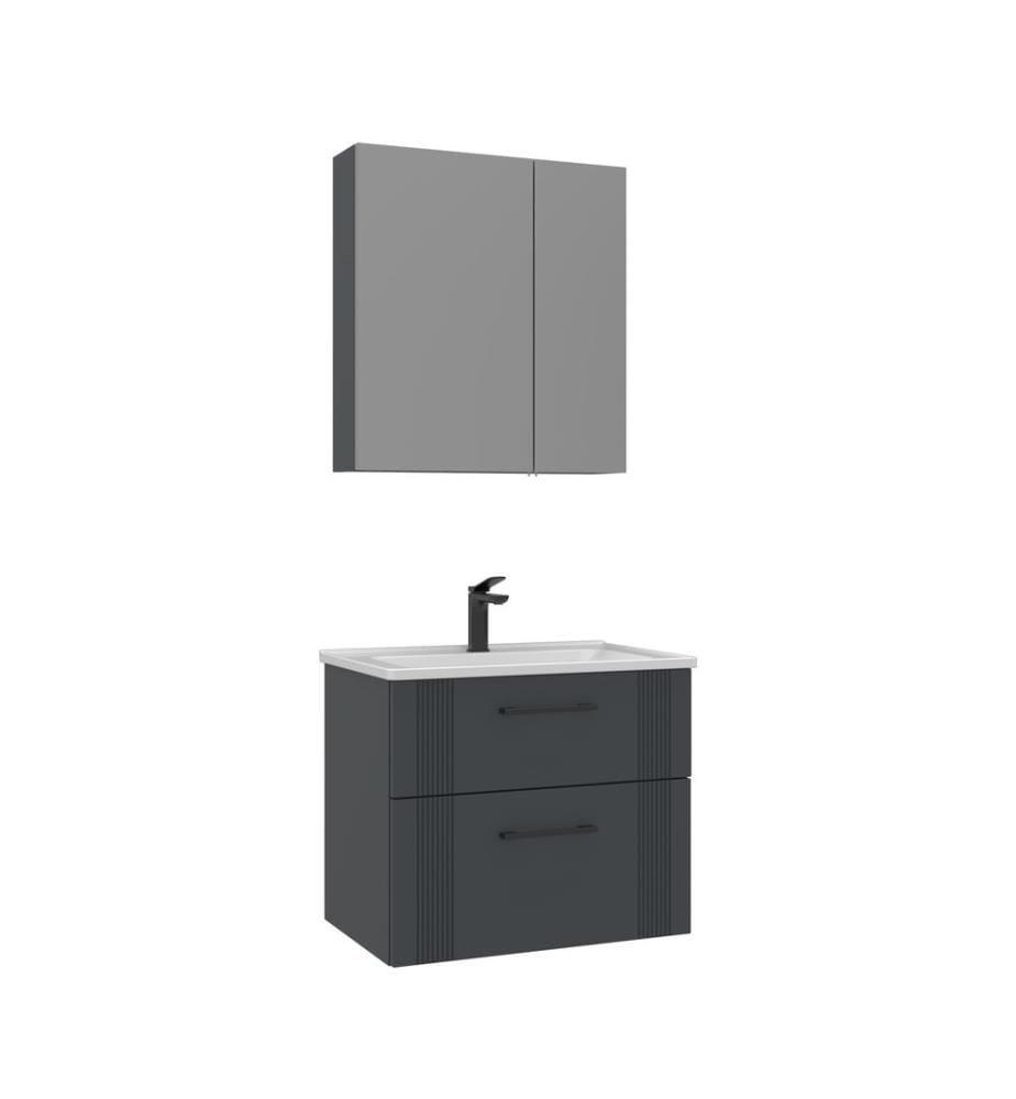 Badezimmerschrank mit Waschbecken und Spiegel 2-teilig mattes Anthrazit 100 % thermisch beschichtetes MDF