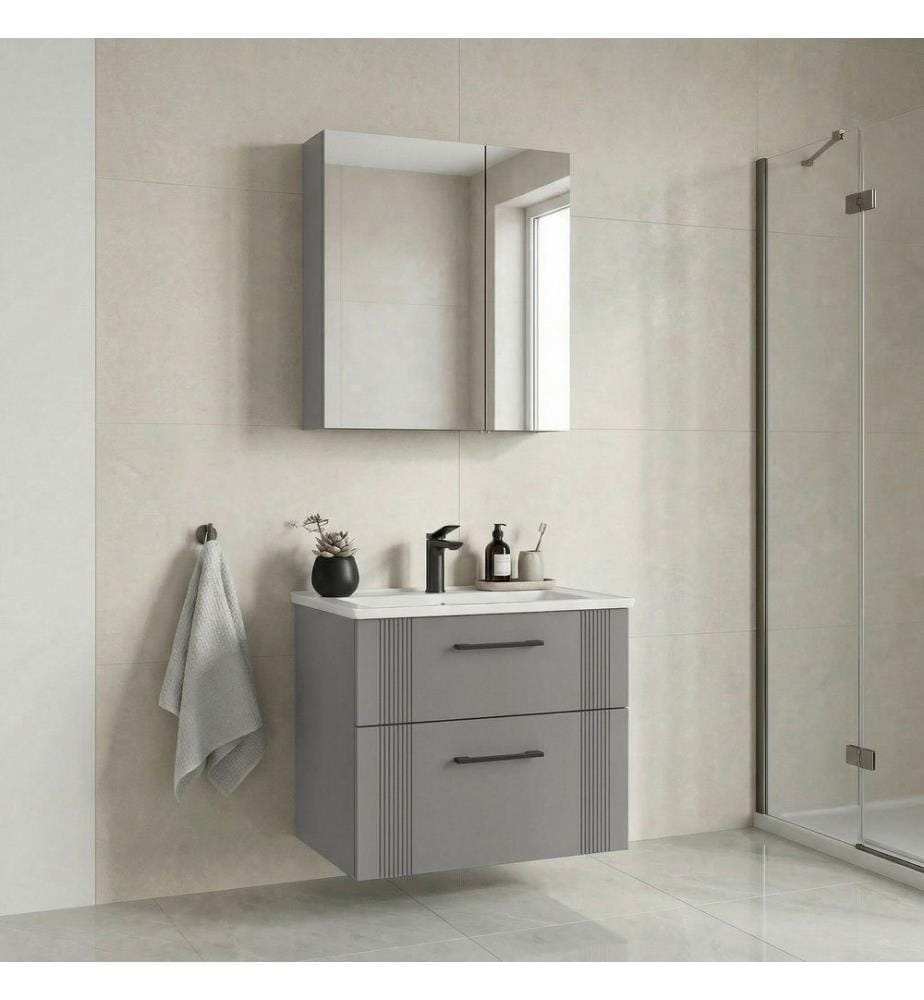 Badezimmerschrank mit Waschbecken und Spiegel 2-teilig mattes Kaschmir 100 % thermisch beschichtetes MDF