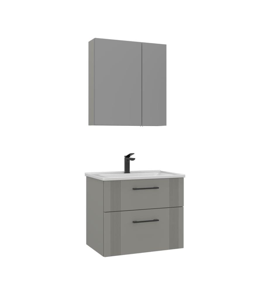 Badezimmerschrank mit Waschbecken und Spiegel 2-teilig mattes Kaschmir 100 % thermisch beschichtetes MDF