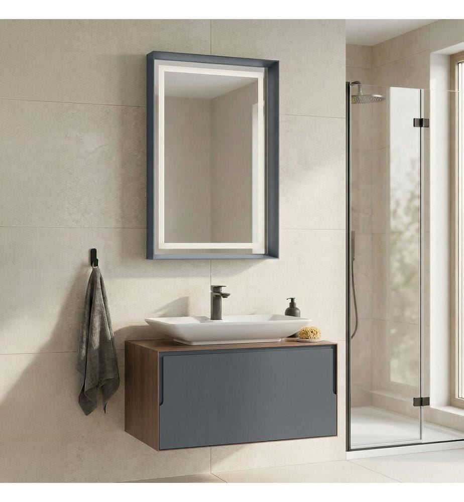 Ensemble meuble de salle de bain avec lavabo et miroir 2 pièces noyer anthracite blanc 100 % stratifié compact