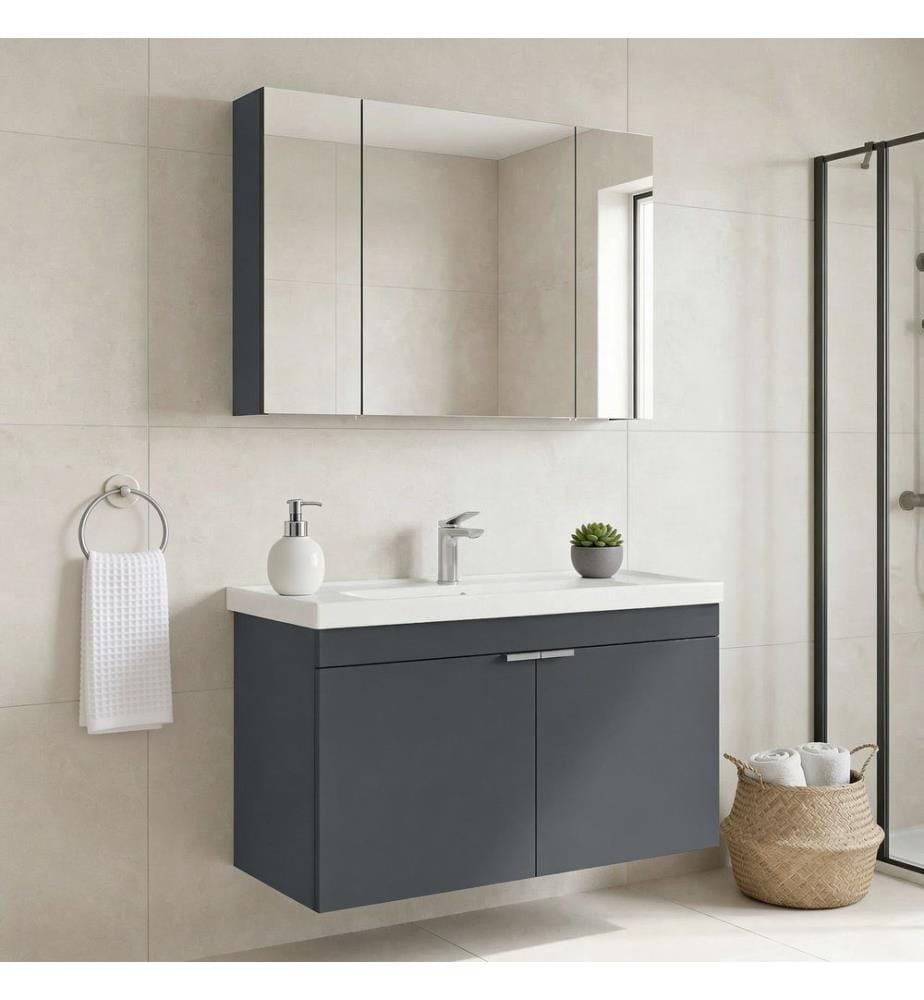 Badezimmerschrank mit Waschbecken und Spiegel 2-teilig mattes Anthrazit 100 % melaminbeschichtete MDF-Platte