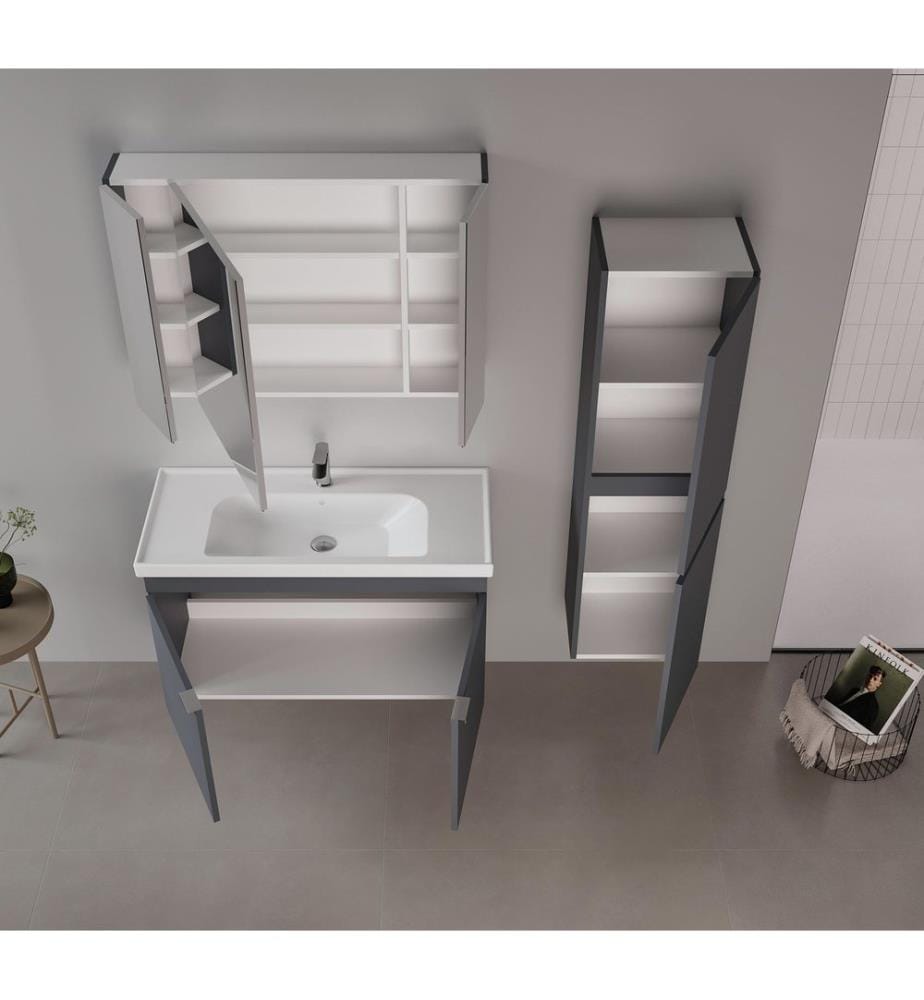 Badezimmerschrank mit Waschbecken und Spiegel 2-teilig mattes Anthrazit 100 % melaminbeschichtete MDF-Platte
