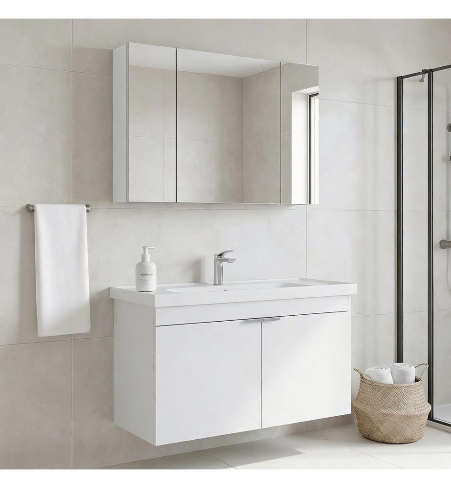 Badezimmerschrank mit Waschbecken und Spiegel 2-teilig mattweiss 100 % melaminbeschichtete MDF-Platte