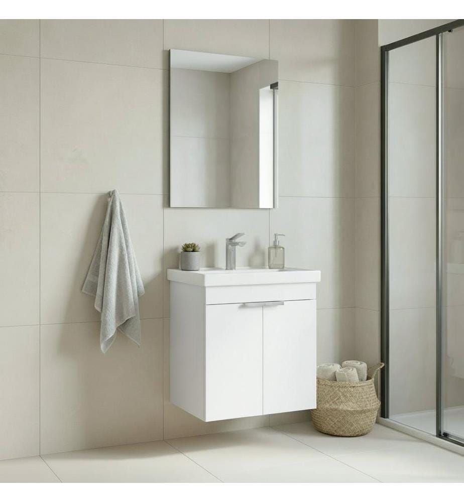 Badezimmerschrank mit Waschbecken und Spiegel 2-teilig mattweiss 100 % melaminbeschichtete MDF-Platte