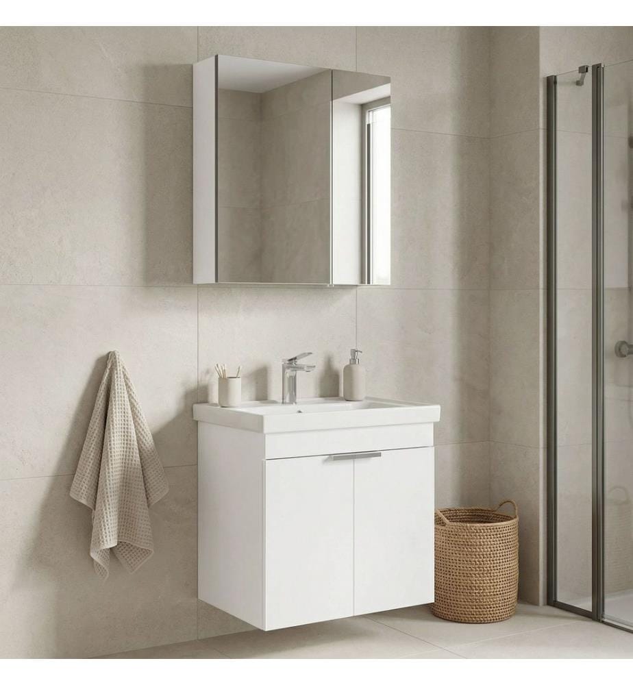 Badezimmerschrank mit Waschbecken und Spiegel 2-teilig mattweiss 100 % melaminbeschichtete MDF-Platte