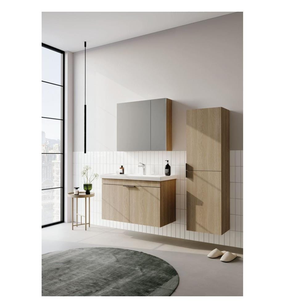 Badezimmerschrank mit Waschbecken und Spiegel 2-teilig Eiche 100 % melaminbeschichtete MDF-Platte