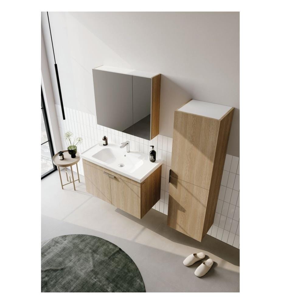 Badezimmerschrank mit Waschbecken und Spiegel 2-teilig Eiche 100 % melaminbeschichtete MDF-Platte