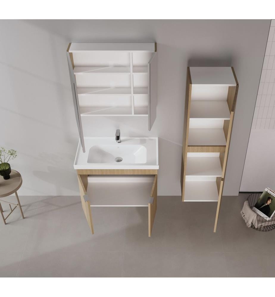 Badezimmerschrank mit Waschbecken und Spiegel 2-teilig Eiche 100 % melaminbeschichtete MDF-Platte