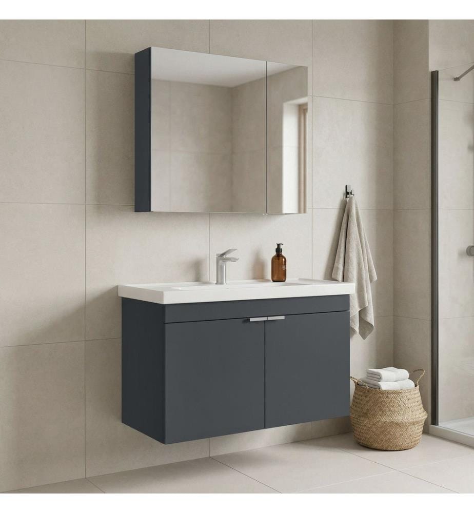 Ensemble meuble de salle de bain avec lavabo et miroir 2 pièces anthracite mat MDF 100 % revêtu de mélamine