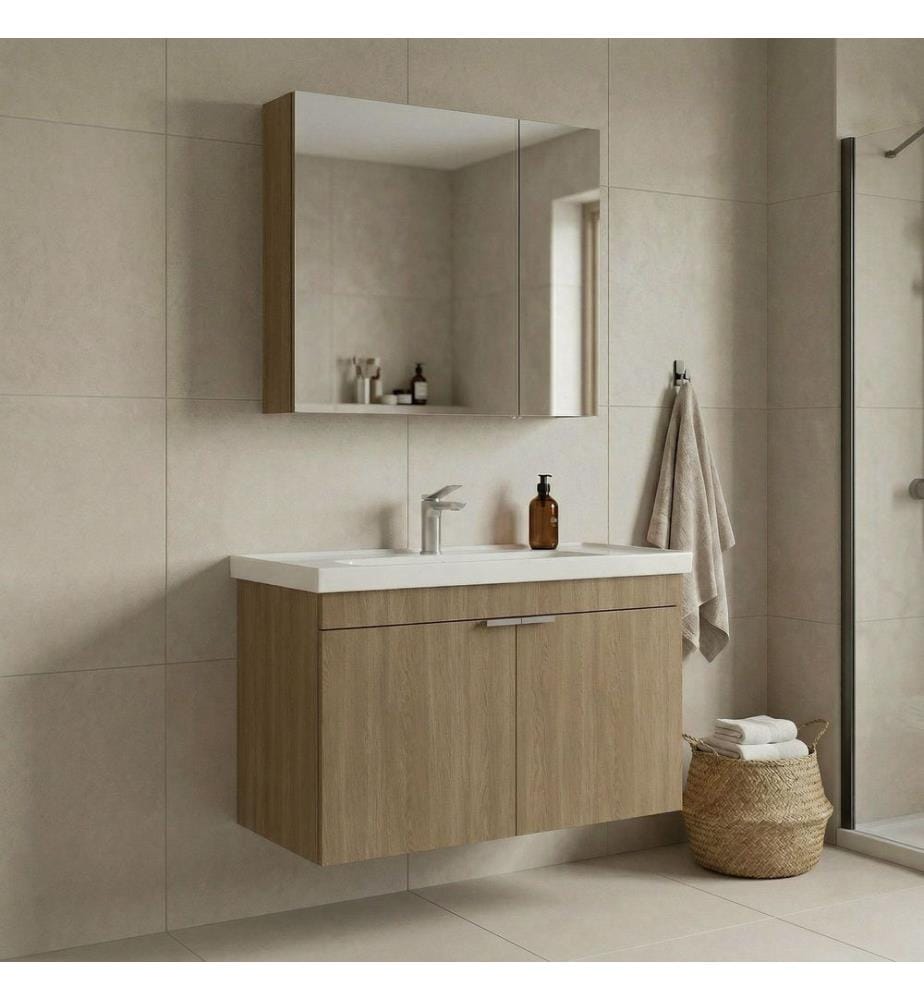 Ensemble meuble de salle de bain avec lavabo et miroir 2 pièces chêne MDF 100 % mélaminé