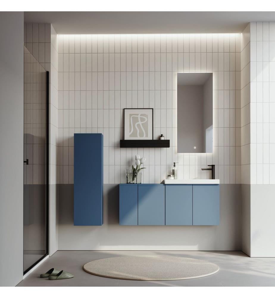 Badezimmerschrank mit Waschbecken und Spiegel 2-teilig Mattblau 100 % mattes PET-MDF